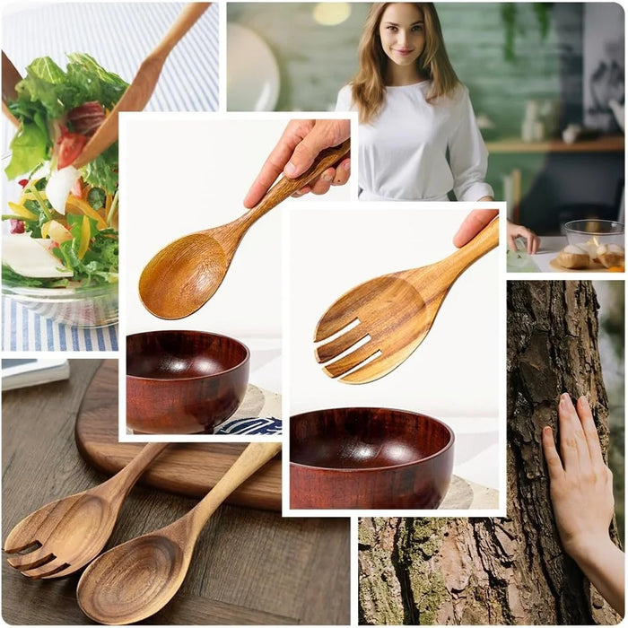 2Pcs / Set Acacia Wood Utensil Rice Spoon + Salad Fork Kitchen Tools (BPA Free, No FDA) - 3