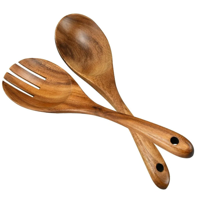 2Pcs / Set Acacia Wood Utensil Rice Spoon + Salad Fork Kitchen Tools (BPA Free, No FDA) - 4