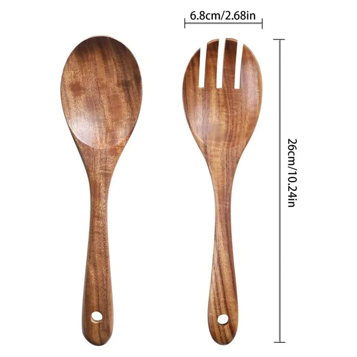 2Pcs / Set Acacia Wood Utensil Rice Spoon + Salad Fork Kitchen Tools (BPA Free, No FDA) - 5