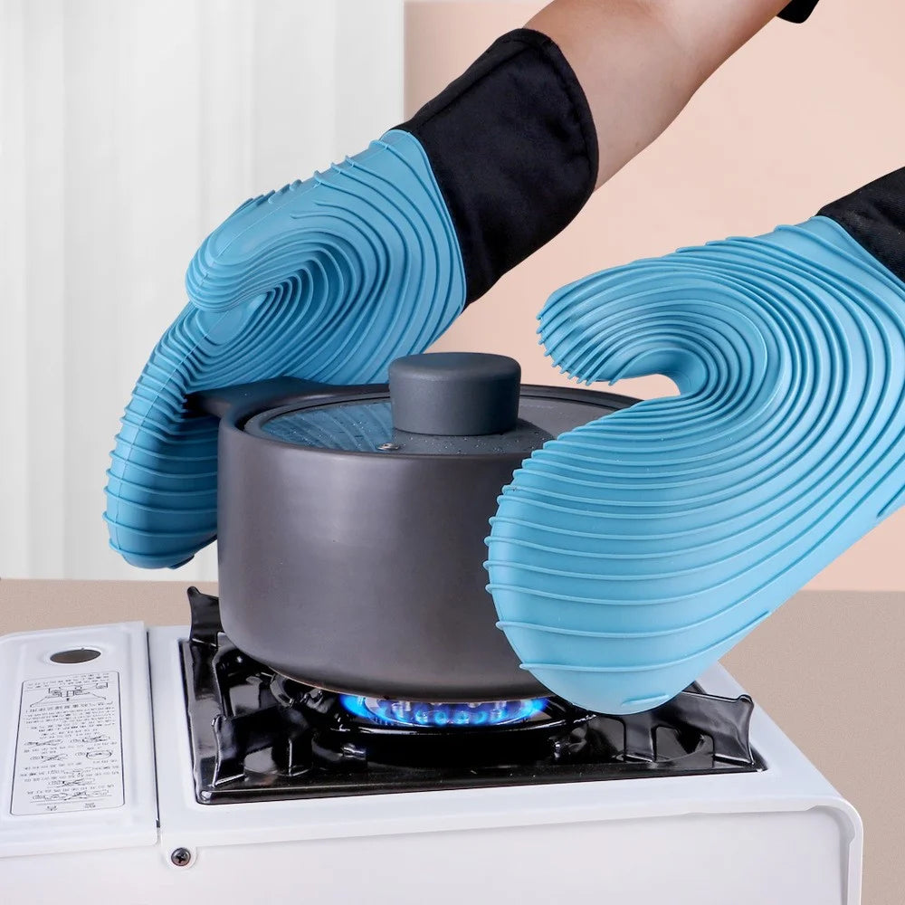 1 Pair Silicone Heat Resistant Baking Gloves Anti-Scald Mitts (BPA Free, FDA Certified) - Flat Spiral Pattern Sky Blue - 2