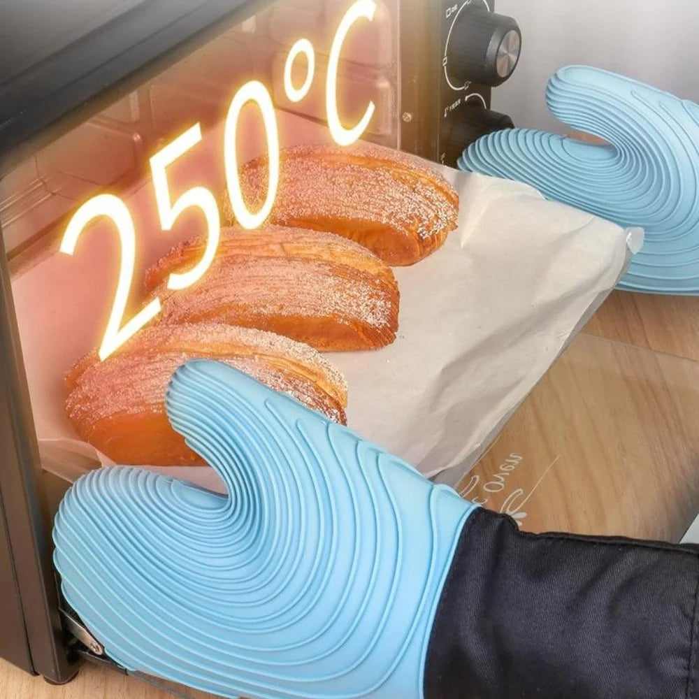 1 Pair Silicone Heat Resistant Baking Gloves Anti-Scald Mitts (BPA Free, FDA Certified) - Flat Spiral Pattern Sky Blue - 3