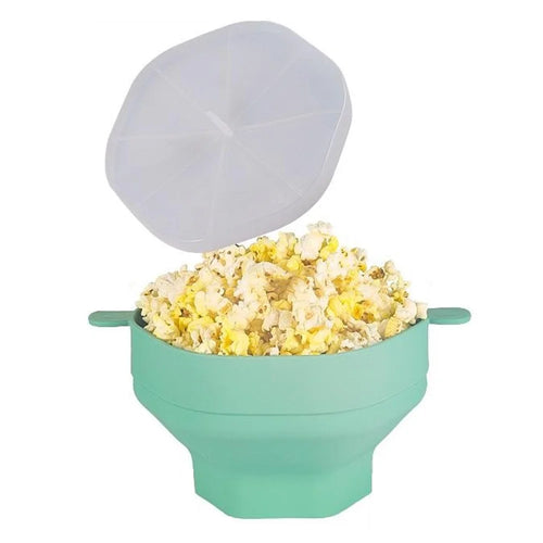 Silicone Popcorn Bowl Microwave Safe Reusable Collapsible Container with Lid  (BPA Free, FDA Certified) - Cyan - 1