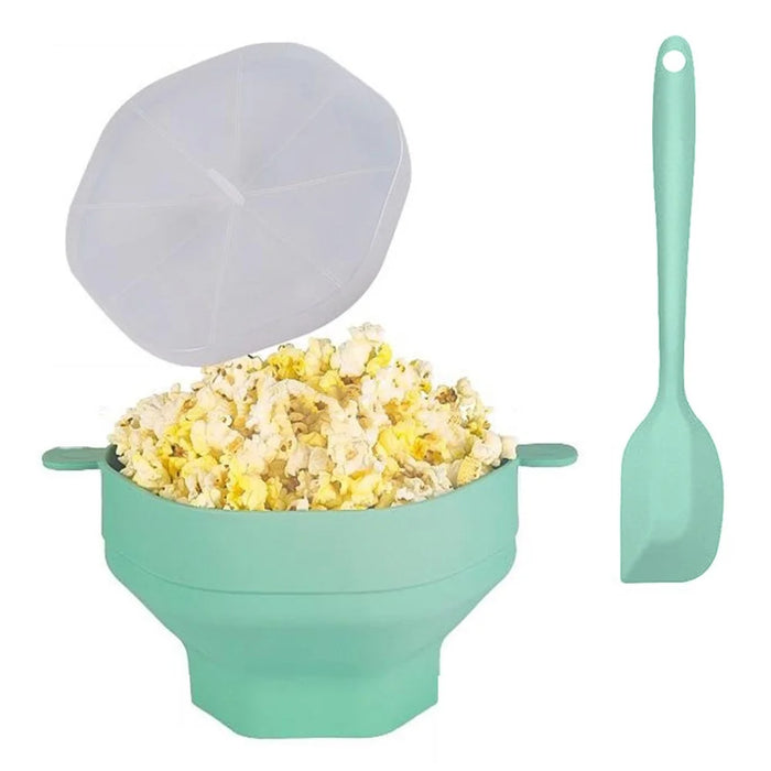 Silicone Popcorn Bowl Microwave Safe Reusable Collapsible Container with Lid and Scraper (BPA Free, FDA Certified) - Cyan - 1