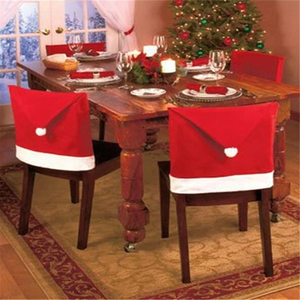 SDYT003 6Pcs / Set Christmas Chair Cover Santa Claus Hat Dining Chair Cover Cap Slipcover Home Kitchen Table Decor - 3