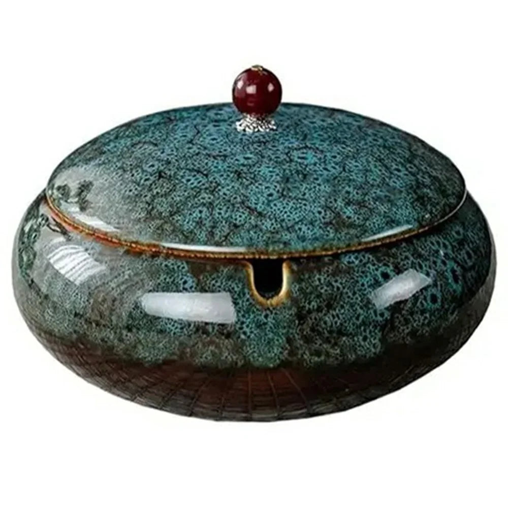 Ceramic Ashtray with Lid Three Grooves Creative Stylish Indoor Curved  Smokeless Design Ashtray Kiln Blue - 1
