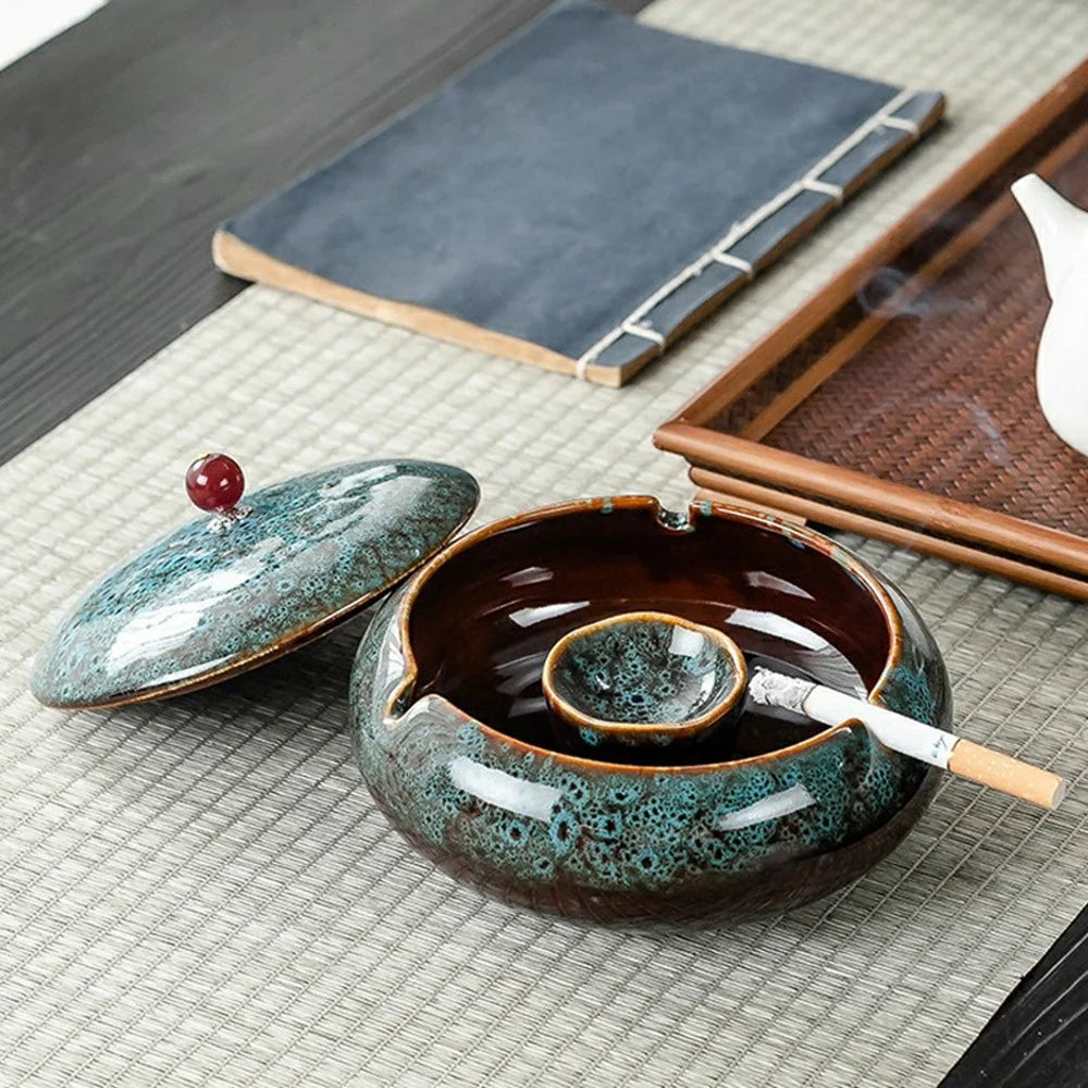 Ceramic Ashtray with Lid Three Grooves Creative Stylish Indoor Curved  Smokeless Design Ashtray Kiln Blue - 2