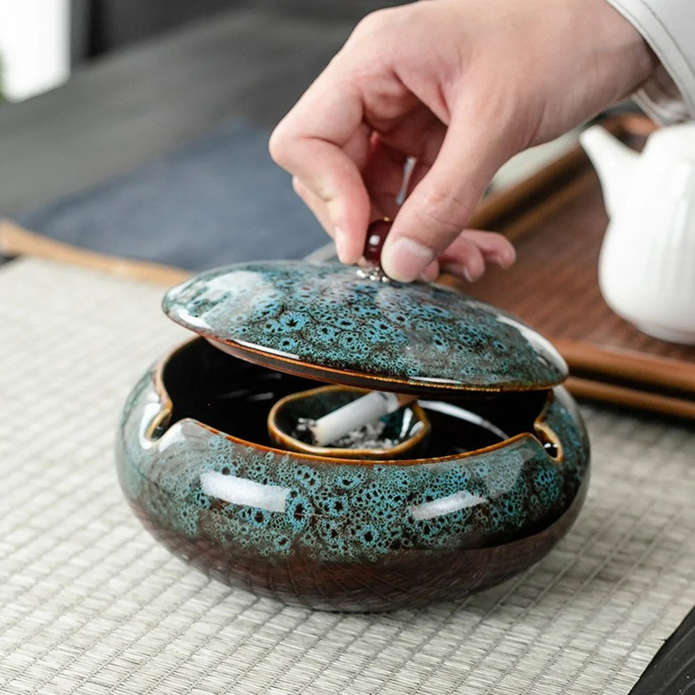 Ceramic Ashtray with Lid Three Grooves Creative Stylish Indoor Curved  Smokeless Design Ashtray Kiln Blue - 3