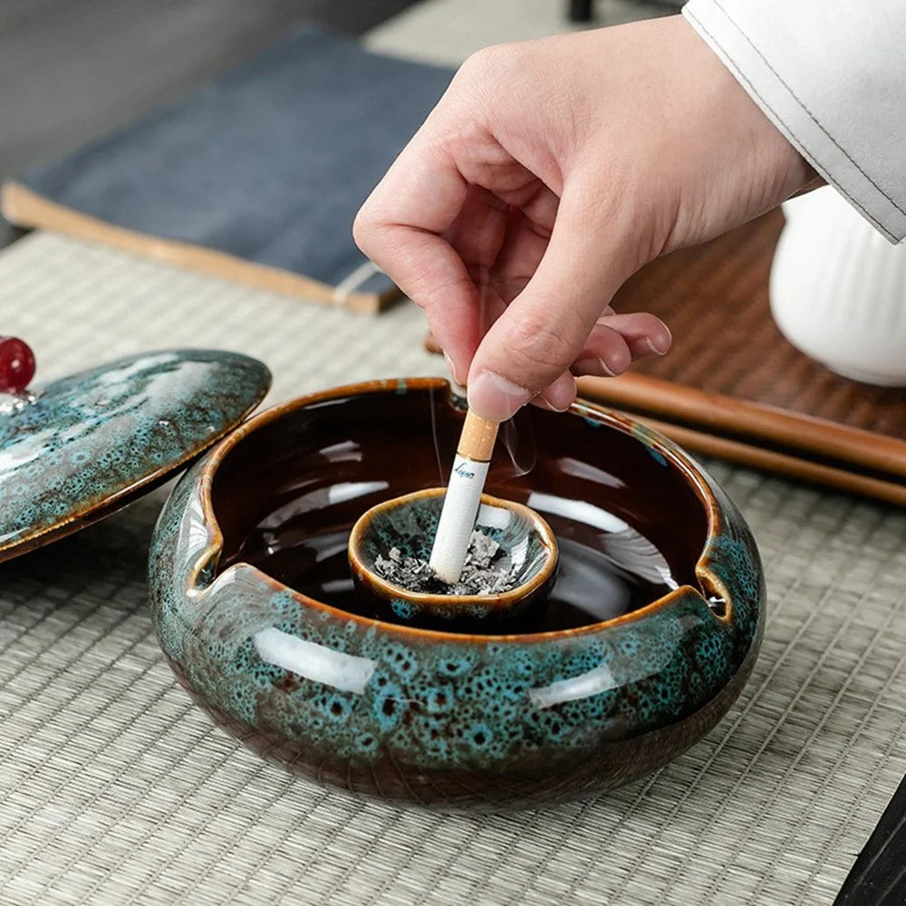 Ceramic Ashtray with Lid Three Grooves Creative Stylish Indoor Curved  Smokeless Design Ashtray Kiln Blue - 4