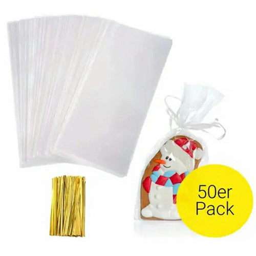 50Pcs Clear OPP Gift Bags Candy Biscuit Treats Packaging Pouch with Sealing Ribbons (BPA Free, No FDA) - 1