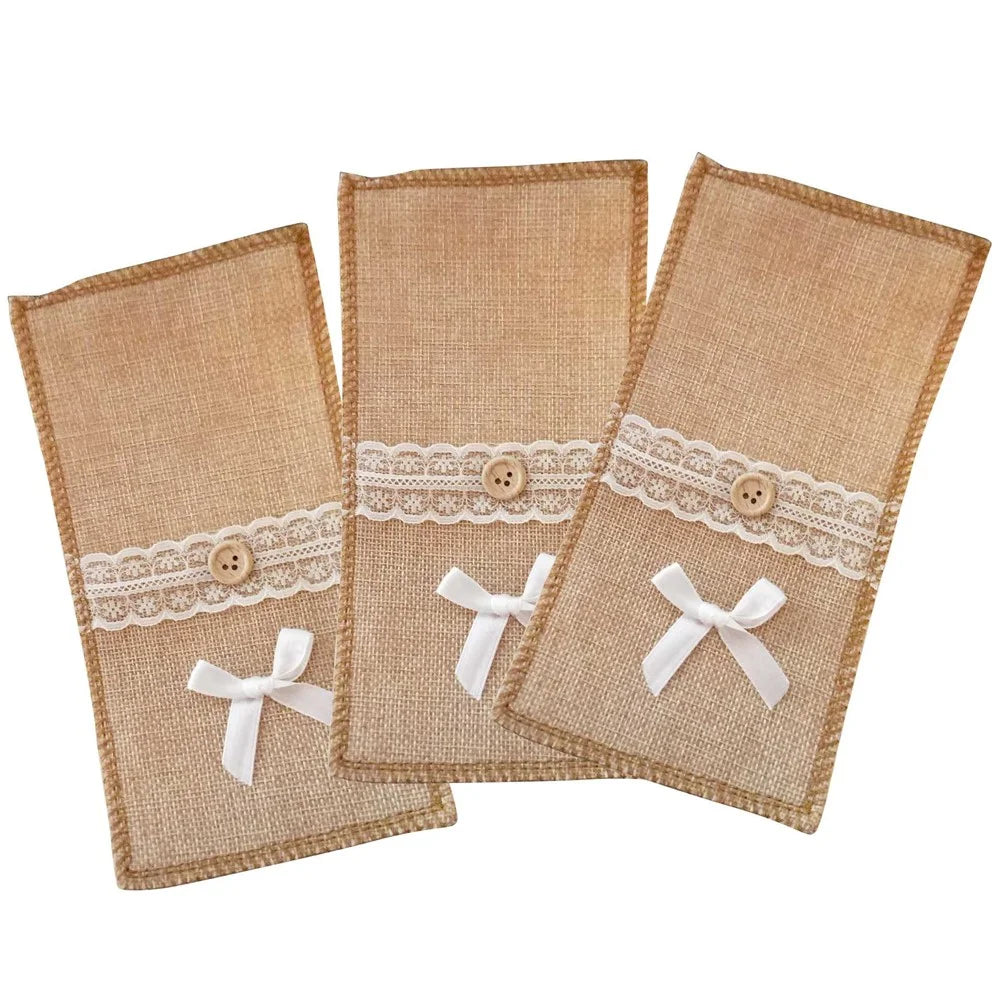 3Pcs / Set Burlap Cutlery Holder Lace Tableware Knife Fork Pouch Pocket Christmas Tablet Decoration - Bowknot - 1