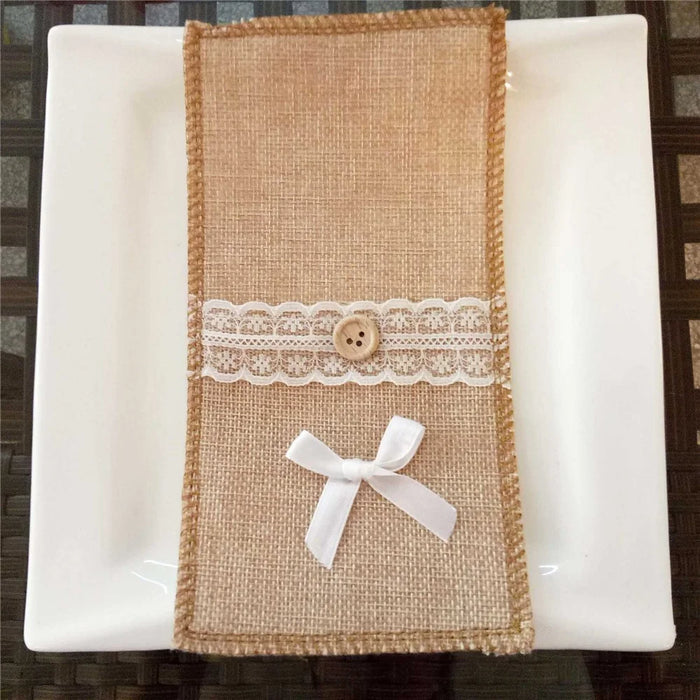 3Pcs / Set Burlap Cutlery Holder Lace Tableware Knife Fork Pouch Pocket Christmas Tablet Decoration - Bowknot - 2