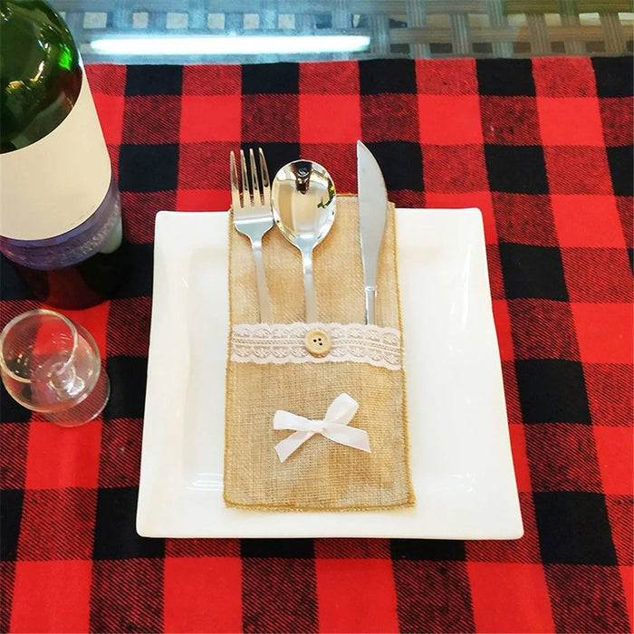 3Pcs / Set Burlap Cutlery Holder Lace Tableware Knife Fork Pouch Pocket Christmas Tablet Decoration - Bowknot - 3