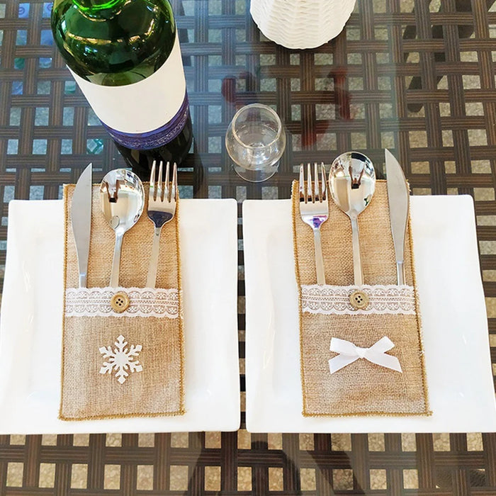 3Pcs / Set Burlap Cutlery Holder Lace Tableware Knife Fork Pouch Pocket Christmas Tablet Decoration - Bowknot - 4