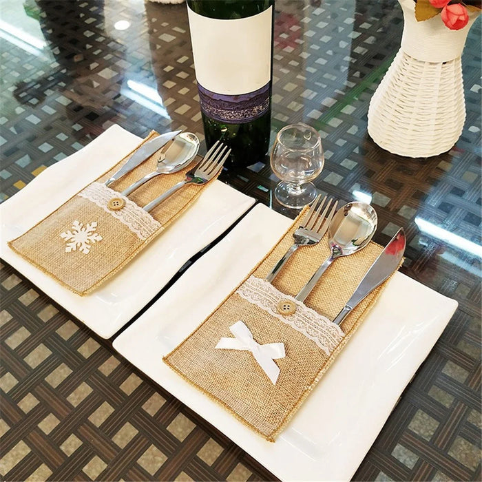 3Pcs / Set Burlap Cutlery Holder Lace Tableware Knife Fork Pouch Pocket Christmas Tablet Decoration - Bowknot - 5