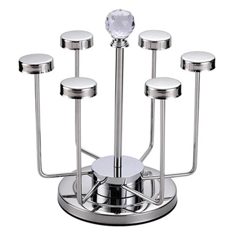 360 Degree Rotating Mug Holder Stainless Steel 6 Hooks Cup Drying Rack Kitchen Drinkware Organizer, Silver - 1