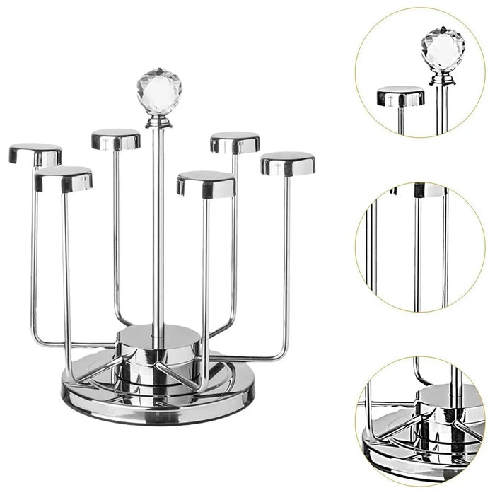 360 Degree Rotating Mug Holder Stainless Steel 6 Hooks Cup Drying Rack Kitchen Drinkware Organizer, Silver - 2