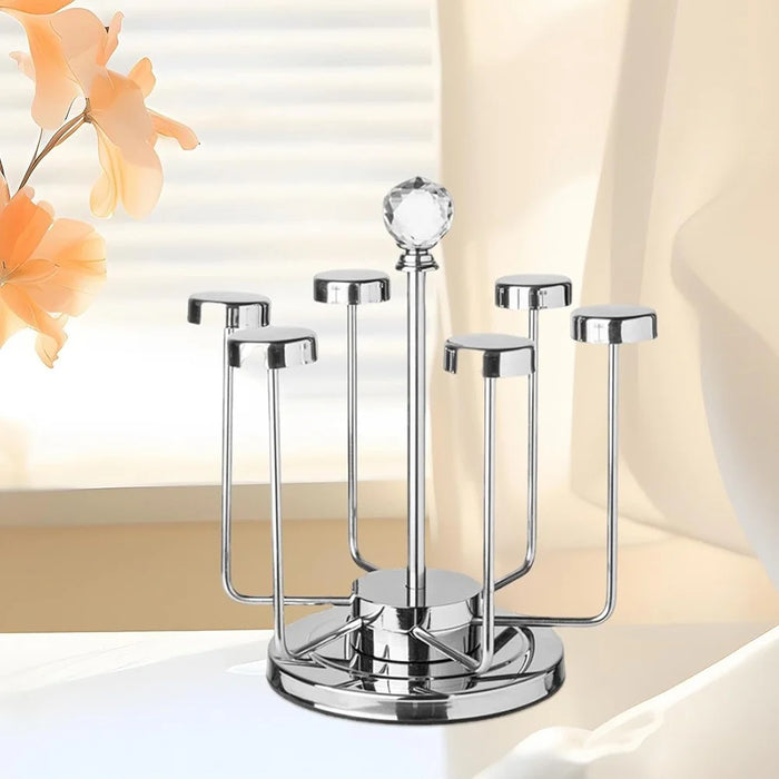 360 Degree Rotating Mug Holder Stainless Steel 6 Hooks Cup Drying Rack Kitchen Drinkware Organizer, Silver - 5