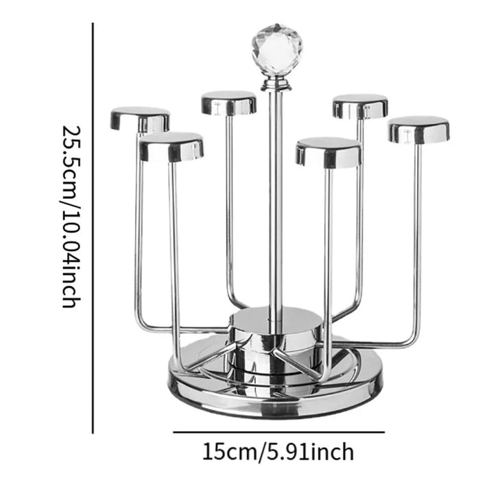 360 Degree Rotating Mug Holder Stainless Steel 6 Hooks Cup Drying Rack Kitchen Drinkware Organizer, Silver - 6