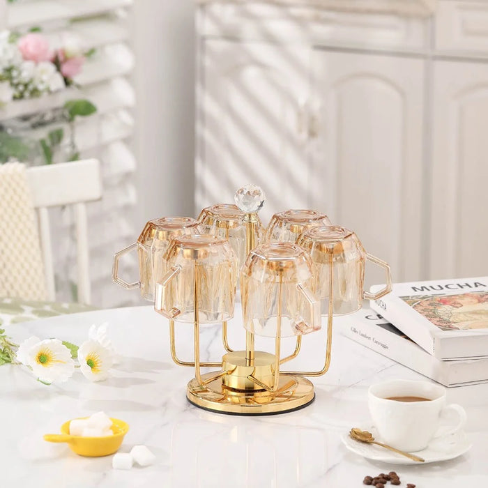 360 Degree Rotating Mug Holder Stainless Steel 6 Hooks Cup Drying Rack Kitchen Drinkware Organizer, Gold - 3
