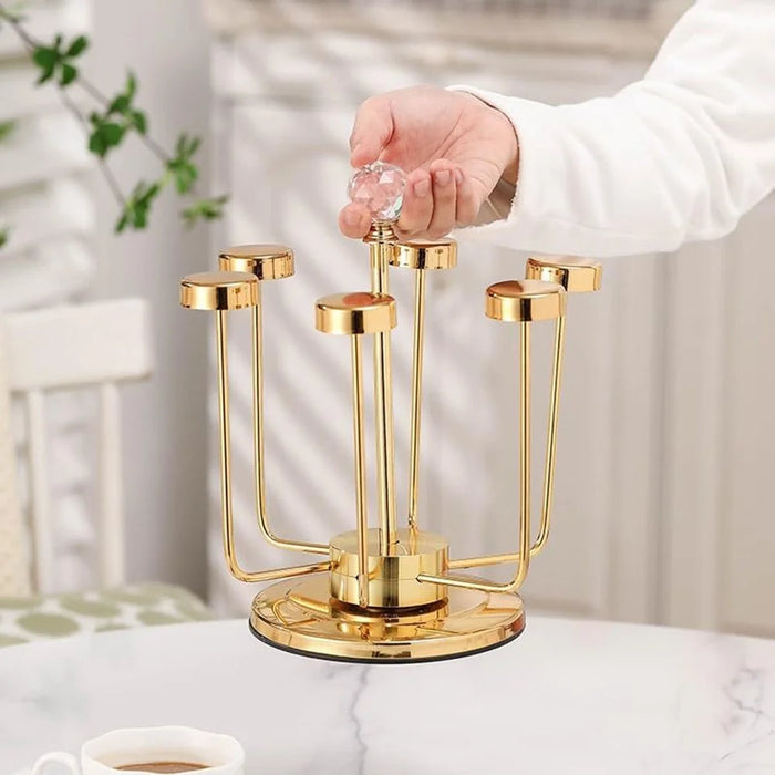 360 Degree Rotating Mug Holder Stainless Steel 6 Hooks Cup Drying Rack Kitchen Drinkware Organizer, Gold - 5