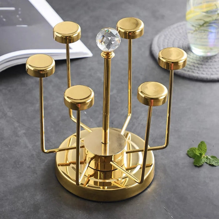 360 Degree Rotating Mug Holder Stainless Steel 6 Hooks Cup Drying Rack Kitchen Drinkware Organizer, Gold - 6