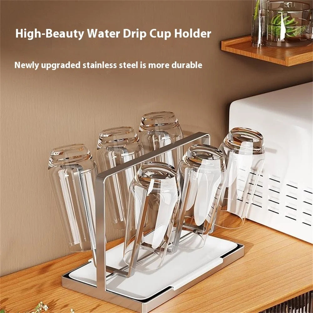 Stainless Steel 6 Cup Drying Rack with Drip Tray Upside Down Storage Organizer for Mugs Bottles Glasses, Style B - 2