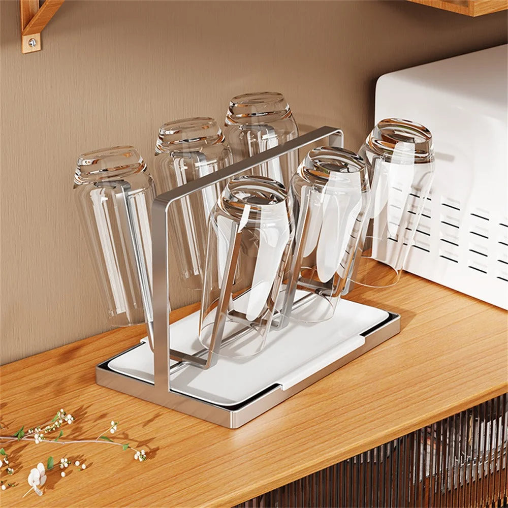 Stainless Steel 6 Cup Drying Rack with Drip Tray Upside Down Storage Organizer for Mugs Bottles Glasses, Style B - 5