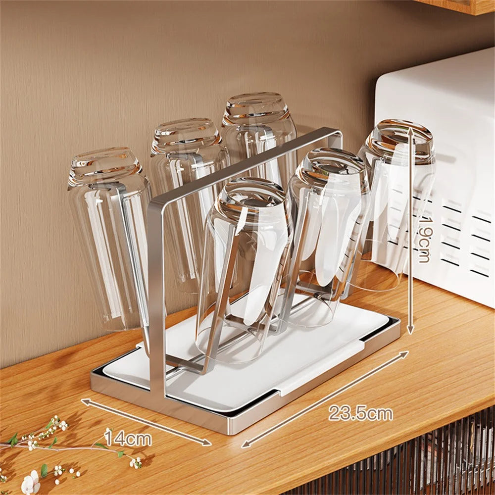 Stainless Steel 6 Cup Drying Rack with Drip Tray Upside Down Storage Organizer for Mugs Bottles Glasses, Style B - 6