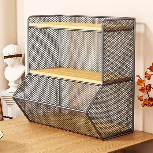Desktop Storage Basket for Kitchen Countertop Iron Frame Wooden Board Dining Table Tea Cup Holder Shelf, Single Grid - Black+Wood Color - 1