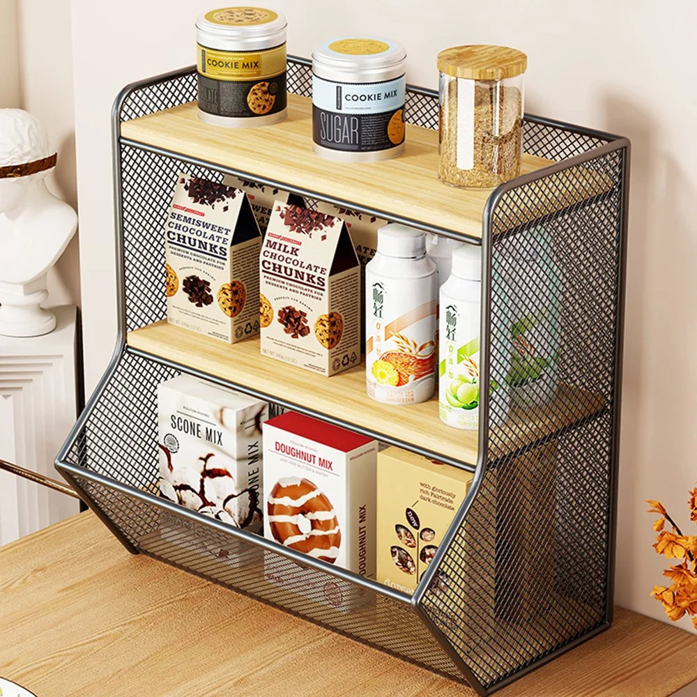 Desktop Storage Basket for Kitchen Countertop Iron Frame Wooden Board Dining Table Tea Cup Holder Shelf, Single Grid - Black+Wood Color - 2