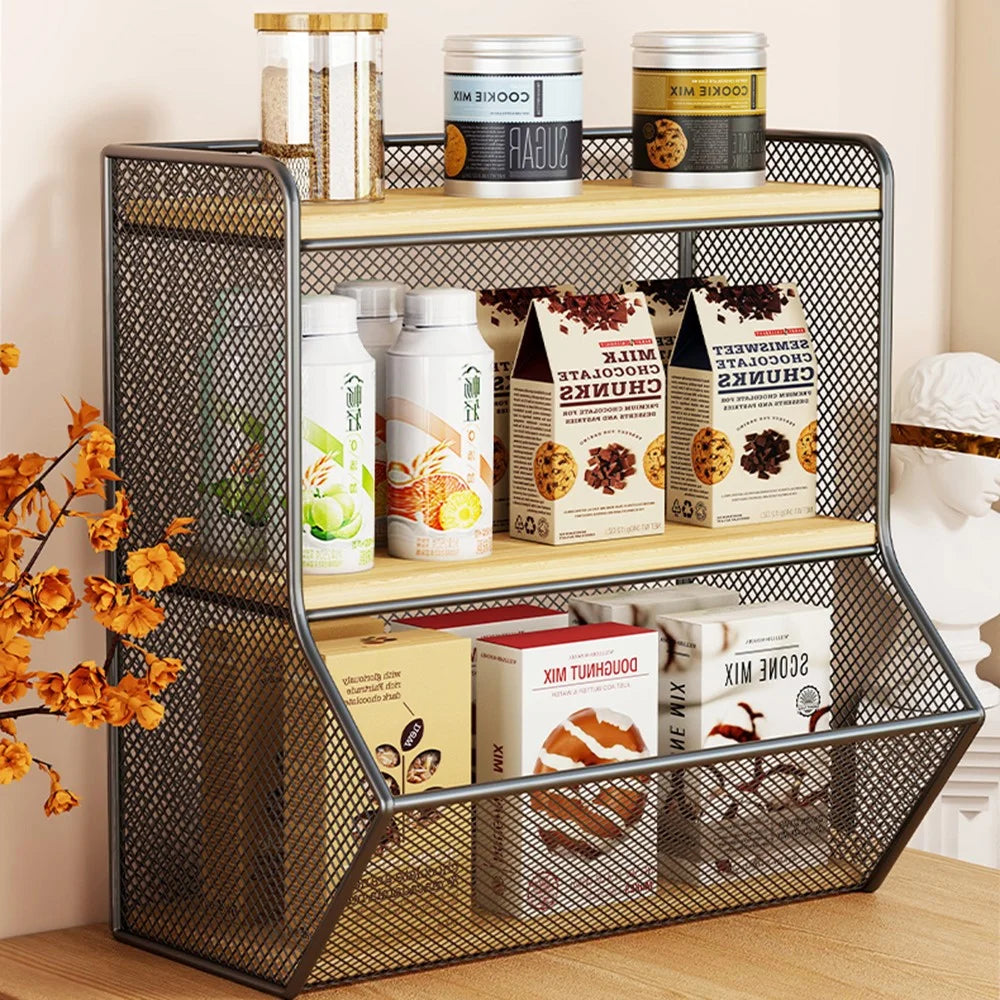Desktop Storage Basket for Kitchen Countertop Iron Frame Wooden Board Dining Table Tea Cup Holder Shelf, Single Grid - Black+Wood Color - 3