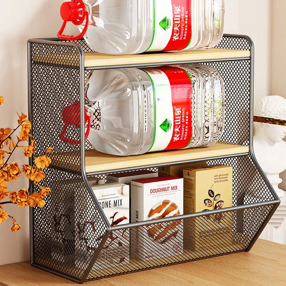 Desktop Storage Basket for Kitchen Countertop Iron Frame Wooden Board Dining Table Tea Cup Holder Shelf, Single Grid - Black+Wood Color - 4