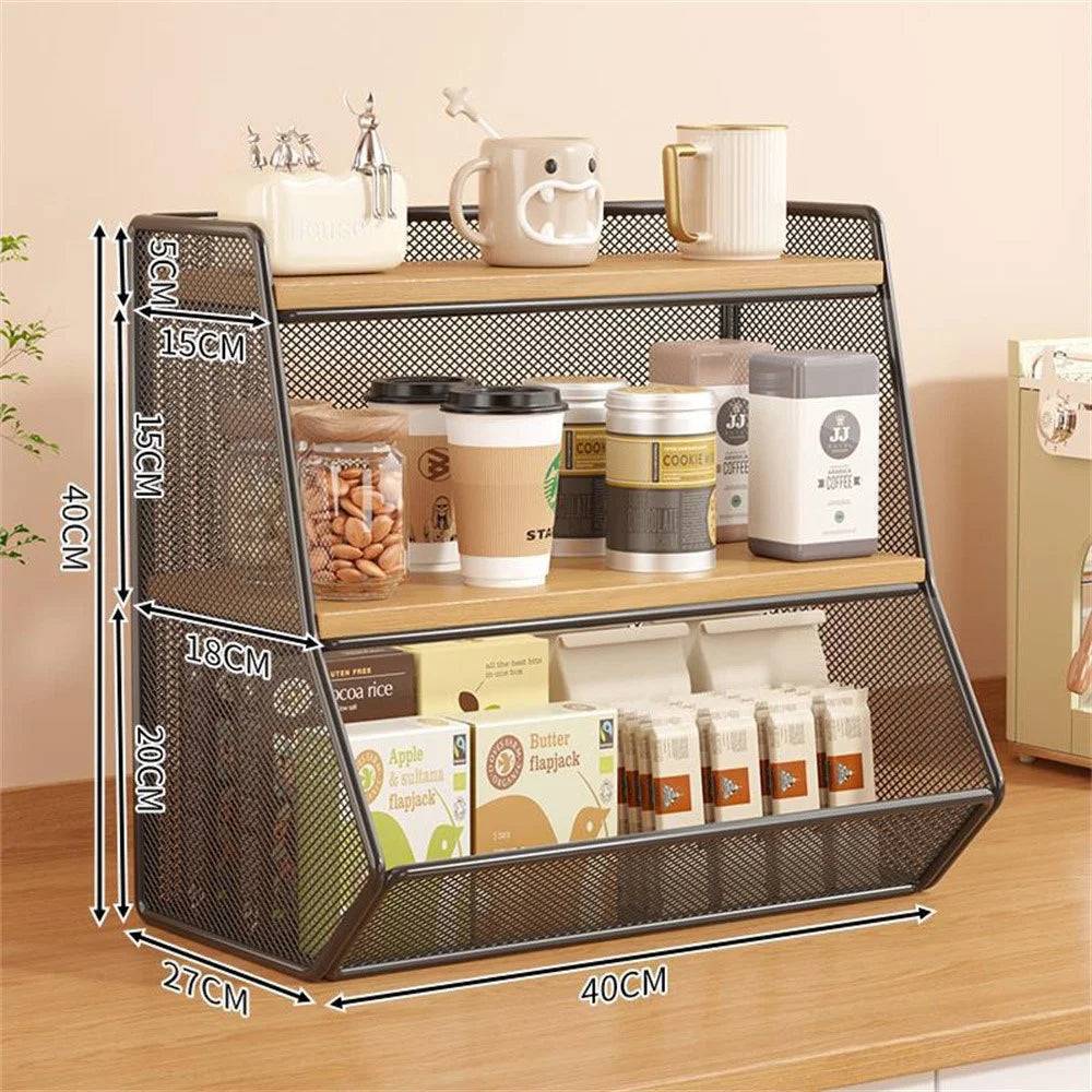 Desktop Storage Basket for Kitchen Countertop Iron Frame Wooden Board Dining Table Tea Cup Holder Shelf, Single Grid - Black+Wood Color - 5