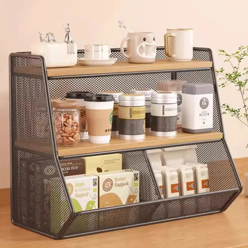 Desktop Storage Basket for Kitchen Countertop Iron Frame Wooden Board Dining Table Tea Cup Holder Shelf, Double Grid - Black+Wood Color - 1