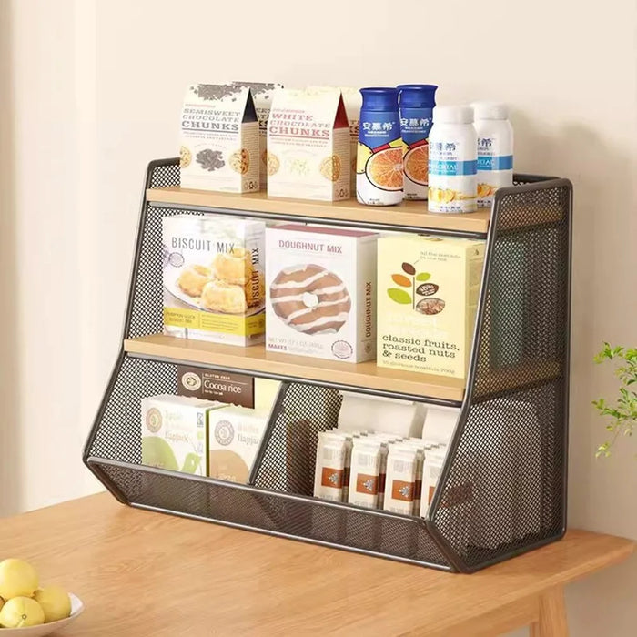Desktop Storage Basket for Kitchen Countertop Iron Frame Wooden Board Dining Table Tea Cup Holder Shelf, Double Grid - Black+Wood Color - 3