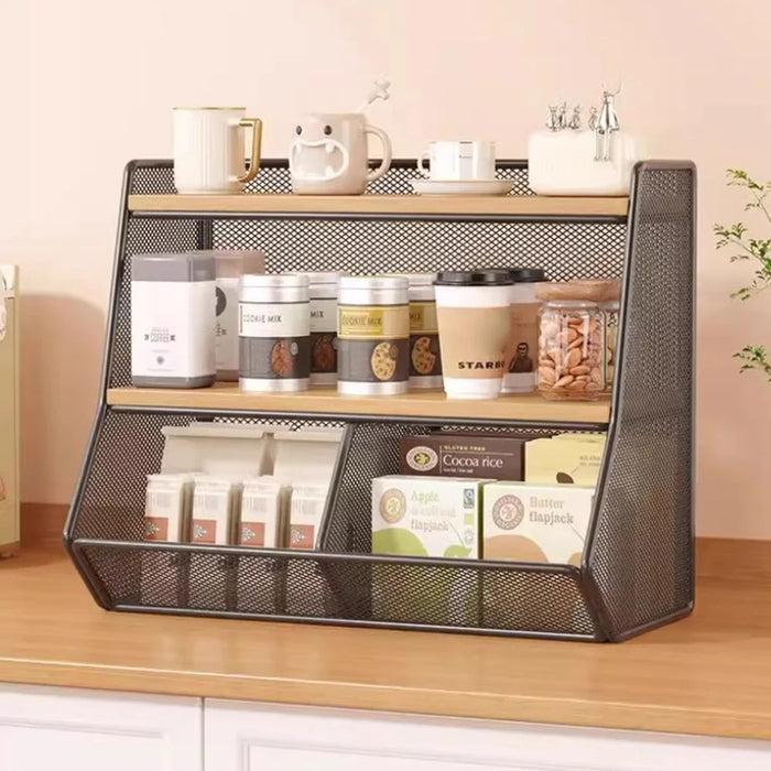Desktop Storage Basket for Kitchen Countertop Iron Frame Wooden Board Dining Table Tea Cup Holder Shelf, Double Grid - Black+Wood Color - 5