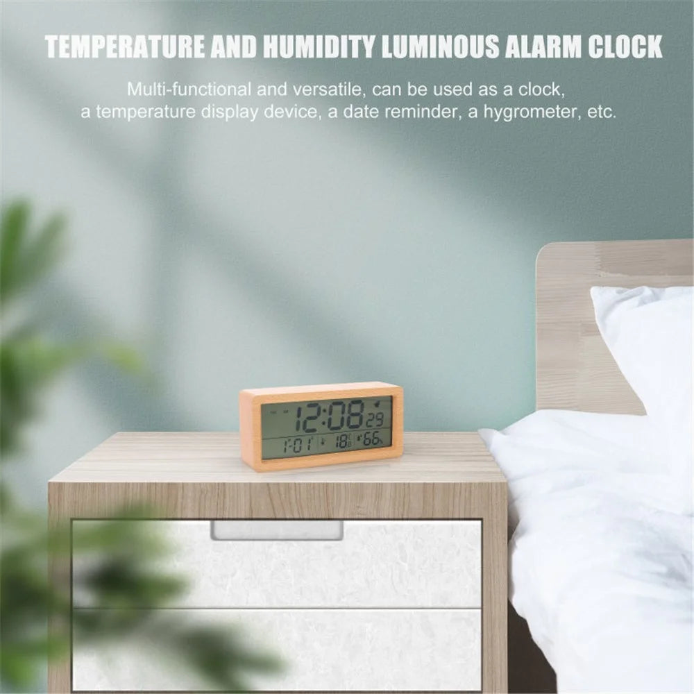 1906 Temperature and Humidity Luminous Alarm Clock Large LCD Screen Bedside Clock Creative Wooden Alarm Clock - Yellow - 2