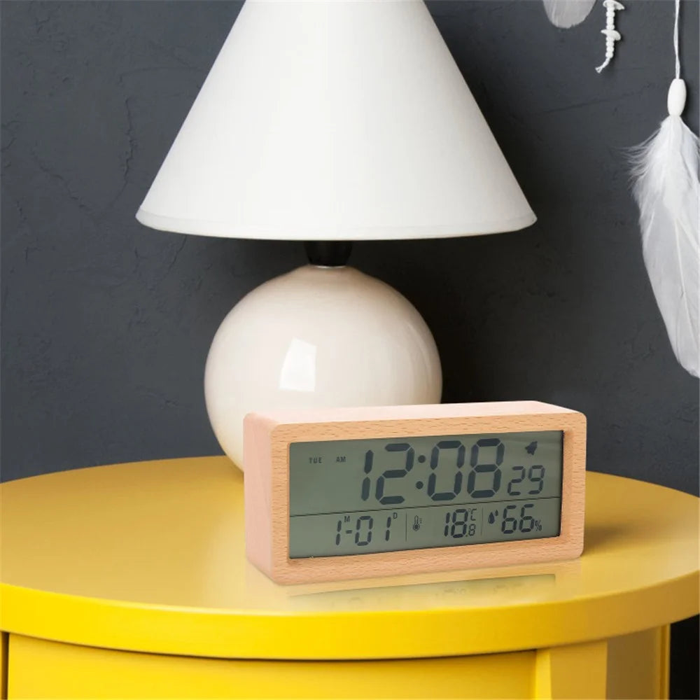 1906 Temperature and Humidity Luminous Alarm Clock Large LCD Screen Bedside Clock Creative Wooden Alarm Clock - Yellow - 3