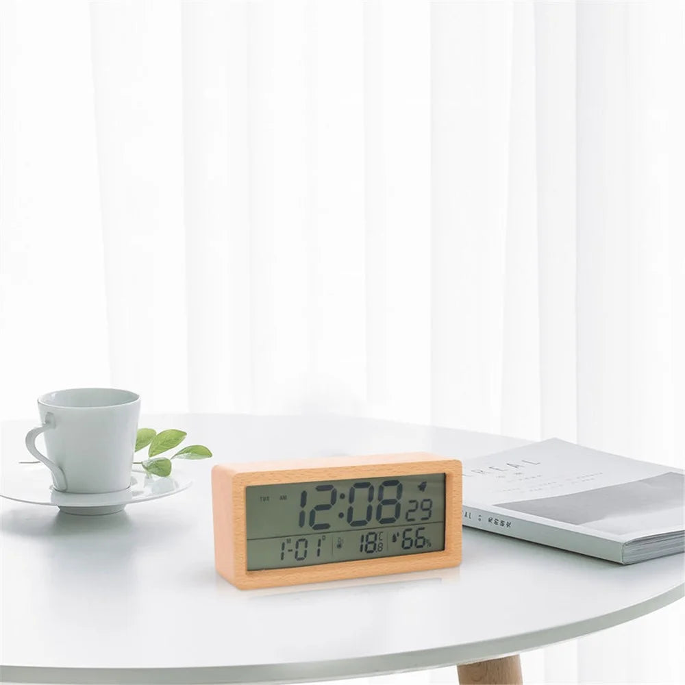 1906 Temperature and Humidity Luminous Alarm Clock Large LCD Screen Bedside Clock Creative Wooden Alarm Clock - Yellow - 4
