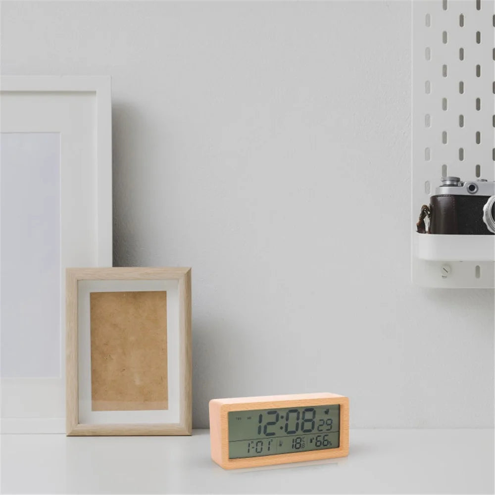 1906 Temperature and Humidity Luminous Alarm Clock Large LCD Screen Bedside Clock Creative Wooden Alarm Clock - Yellow - 5