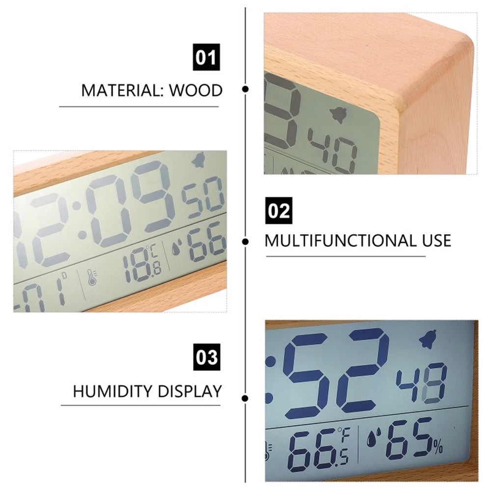 1906 Temperature and Humidity Luminous Alarm Clock Large LCD Screen Bedside Clock Creative Wooden Alarm Clock - Yellow - 7