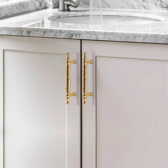 Brass French Cabinet Handles 96mm Hole Centers 6169 Hammered Texture Pulls for Wardrobe Drawer - Gold - 3