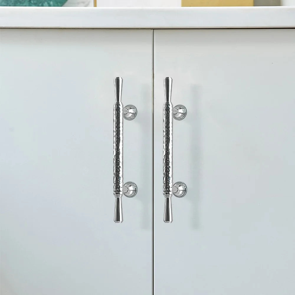 Brass French Cabinet Handles 9074 Hammered Texture 96mm Hole Center Wardrobe Drawer Pulls - Bright Chrome - 2