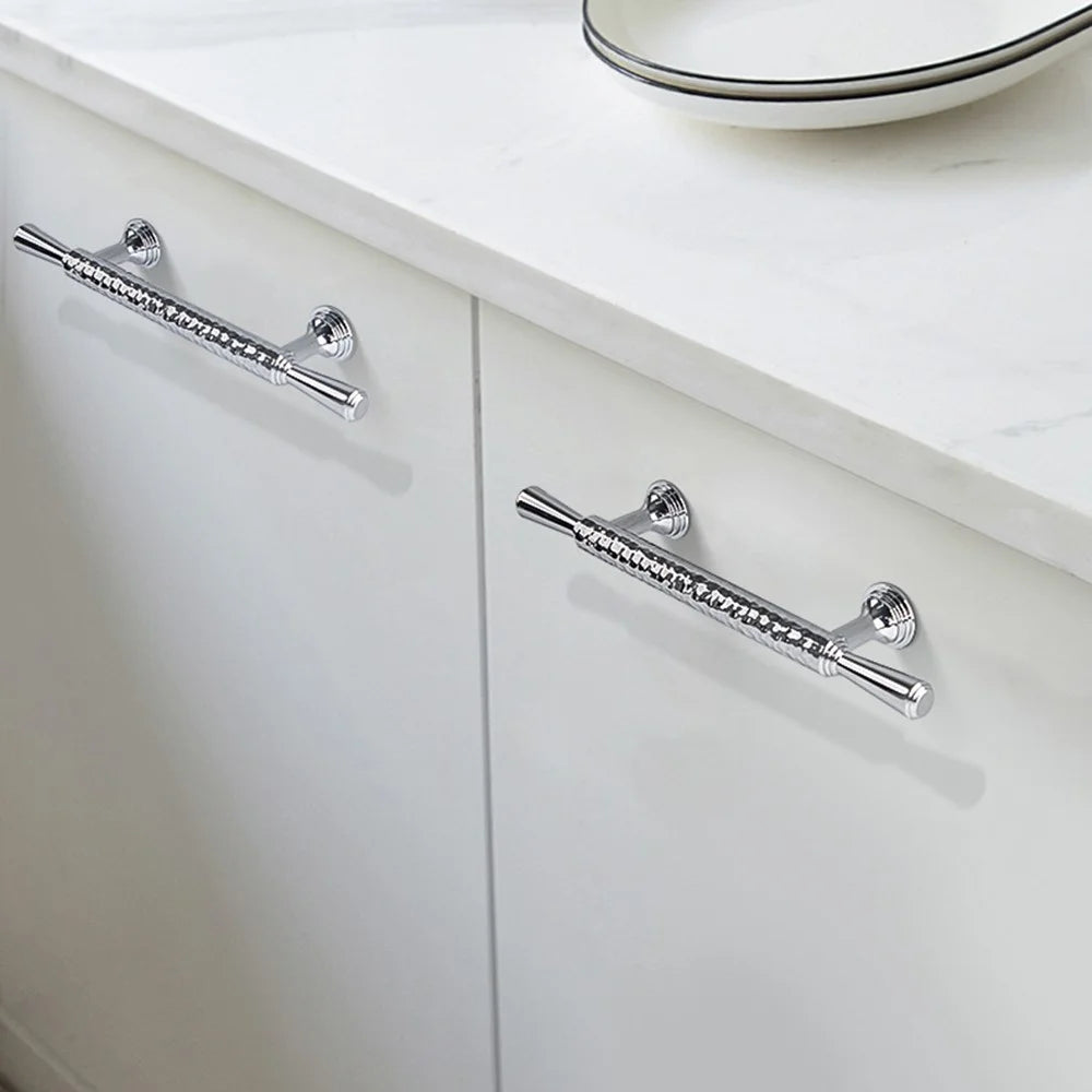 Brass French Cabinet Handles 9074 Hammered Texture 96mm Hole Center Wardrobe Drawer Pulls - Bright Chrome - 3