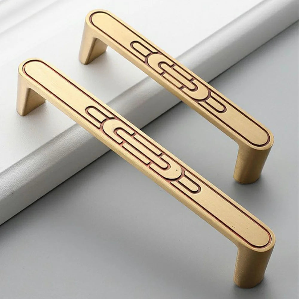 New Chinese-Style Brass Cabinet Drawer Pull Handles, 128mm Hole Center for Wardrobe Furniture Hardware - Gold - 2