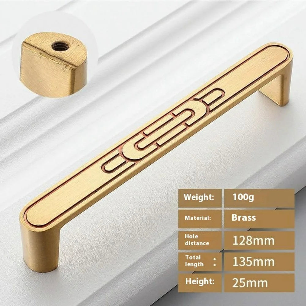 New Chinese-Style Brass Cabinet Drawer Pull Handles, 128mm Hole Center for Wardrobe Furniture Hardware - Gold - 5