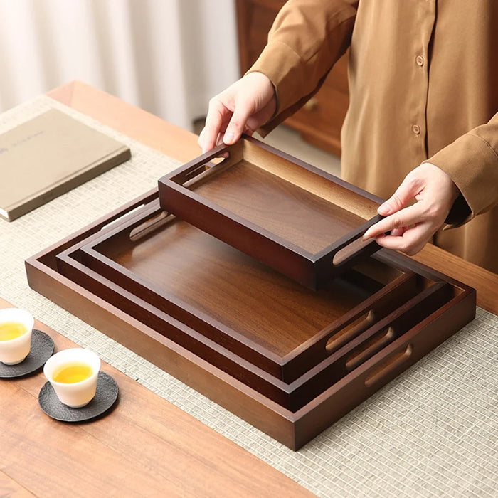 37 x 26 x 4cm Walnut Wood Serving Tray for Tea Coffee Fruit Rectangle Platter with Handles - 6