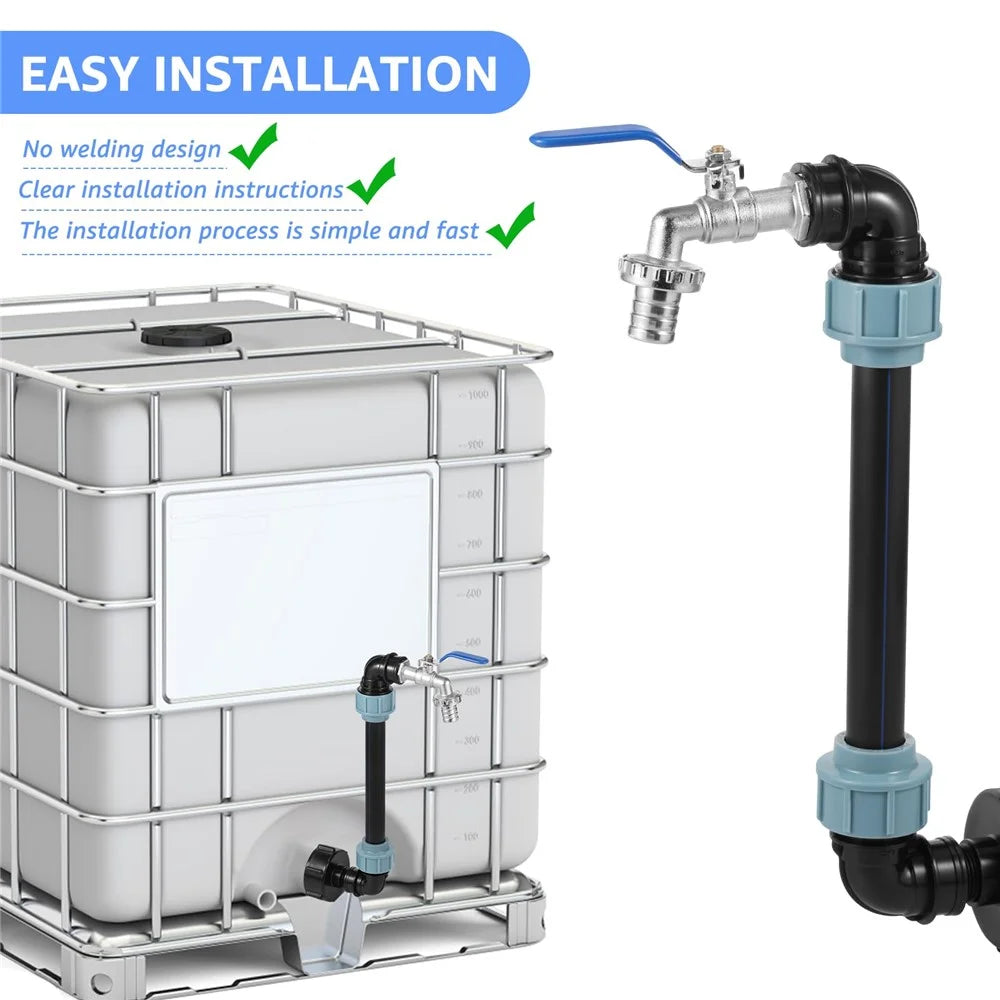 IBC Tank Adapter Kit PE Extension Pipe Elbow Set with 3 / 4 Inch Water Faucet for Liquid Storage - Blue Handle - 4