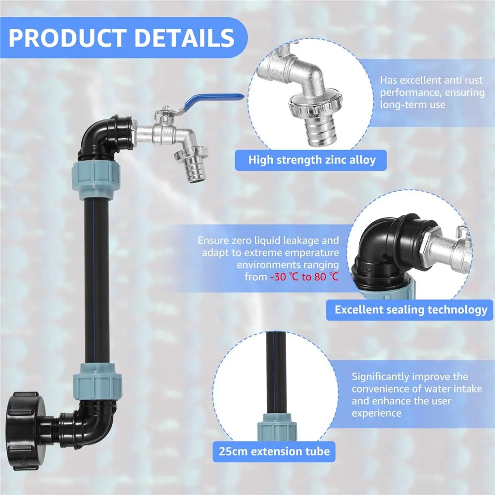 IBC Tank Adapter Kit PE Extension Pipe Elbow Set with 3 / 4 Inch Water Faucet for Liquid Storage - Blue Handle - 6