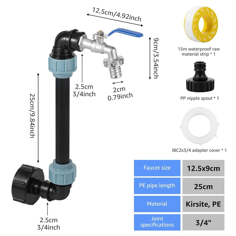 IBC Tank Adapter Kit PE Extension Pipe Elbow Set with 3 / 4 Inch Water Faucet for Liquid Storage - Blue Handle - 7